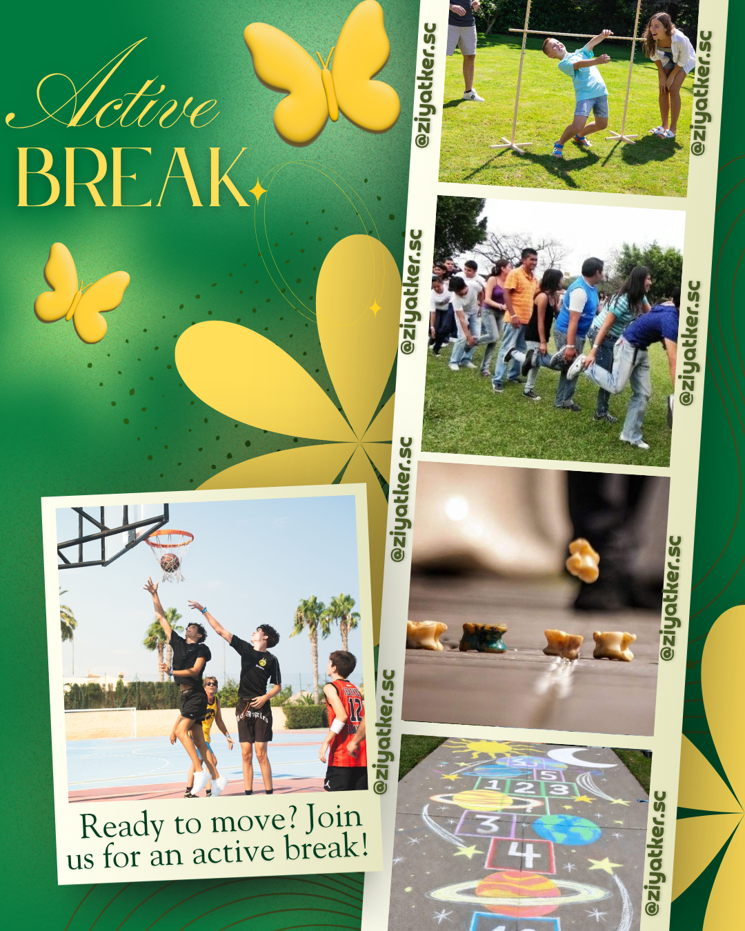 Active Break campaign poster showing movement, games, basketball, and outdoor activities