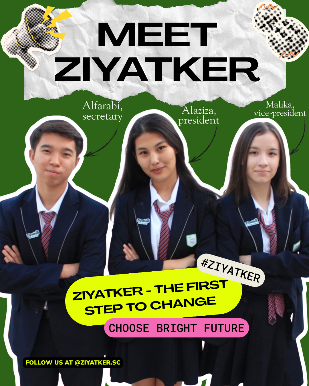 Meet Ziyatker campaign poster featuring Alfarabi, Alaziza, and Malika